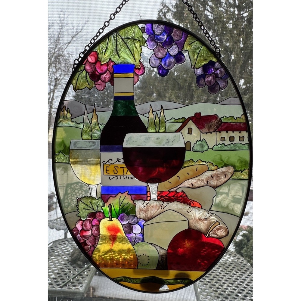Vintage Joan Baker Designs‎ Wine & Cheese Hand Painted Stained Glass Suncatcher